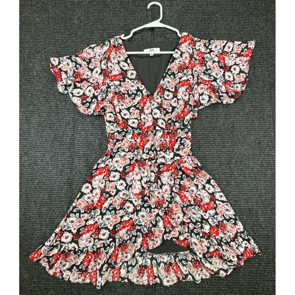 JACK by BB Dakota Women's 0 Floral Faux Wrap Dress Ruffle Sleeve Black Red